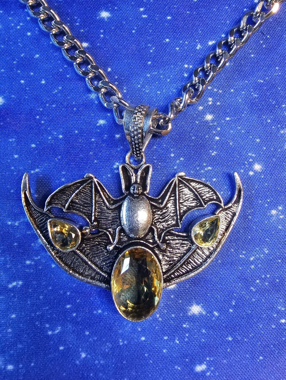 Bat Pendant Necklace with Amber Colored Crystals